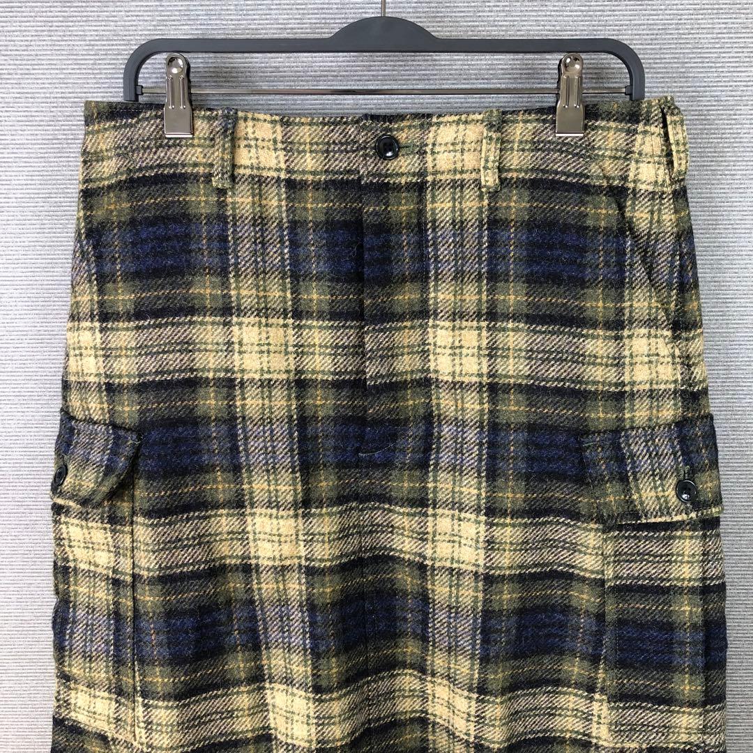 美品 45R ウールタータンのカーゴスカート チェック 2 カーキタータン
