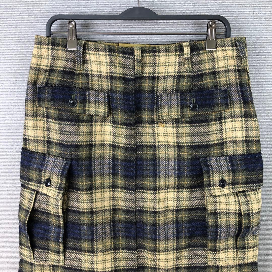 美品 45R ウールタータンのカーゴスカート チェック 2 カーキタータン