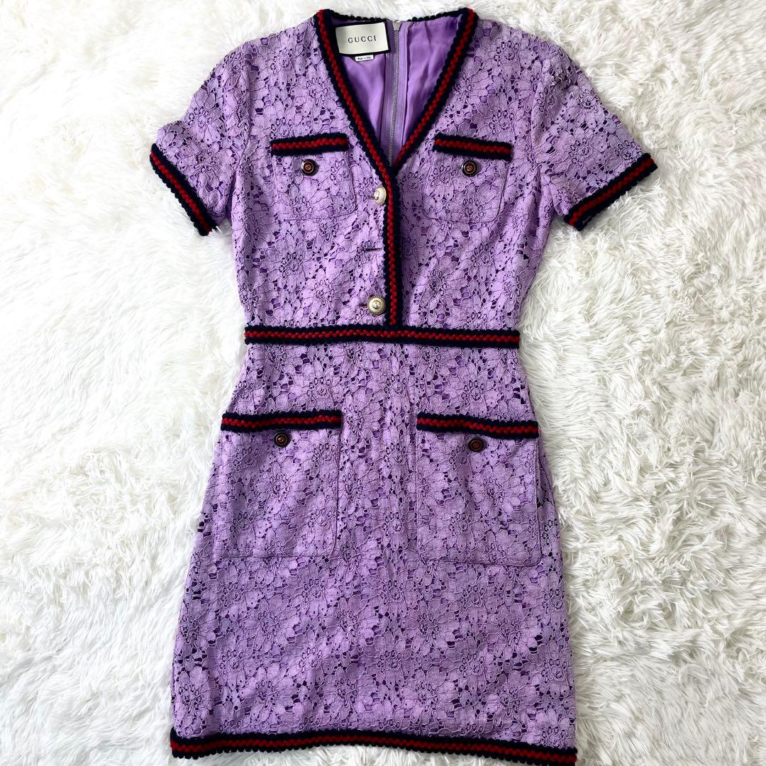 グッチ　GUCCI 花柄　レースワンピース　パープル　シェリーライン