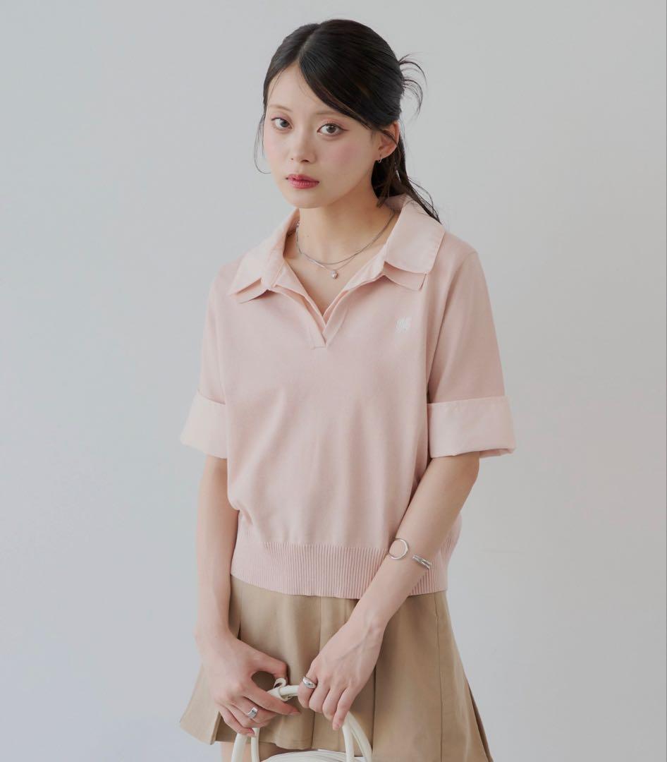 刺繍入り襟付きポロニット