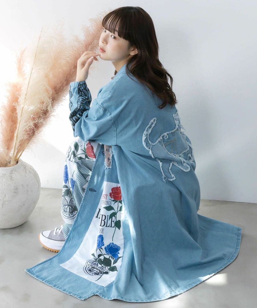 ☆新品タグ付スカラー　161608：アップリケ×刺繍デニムorツイルロングコート