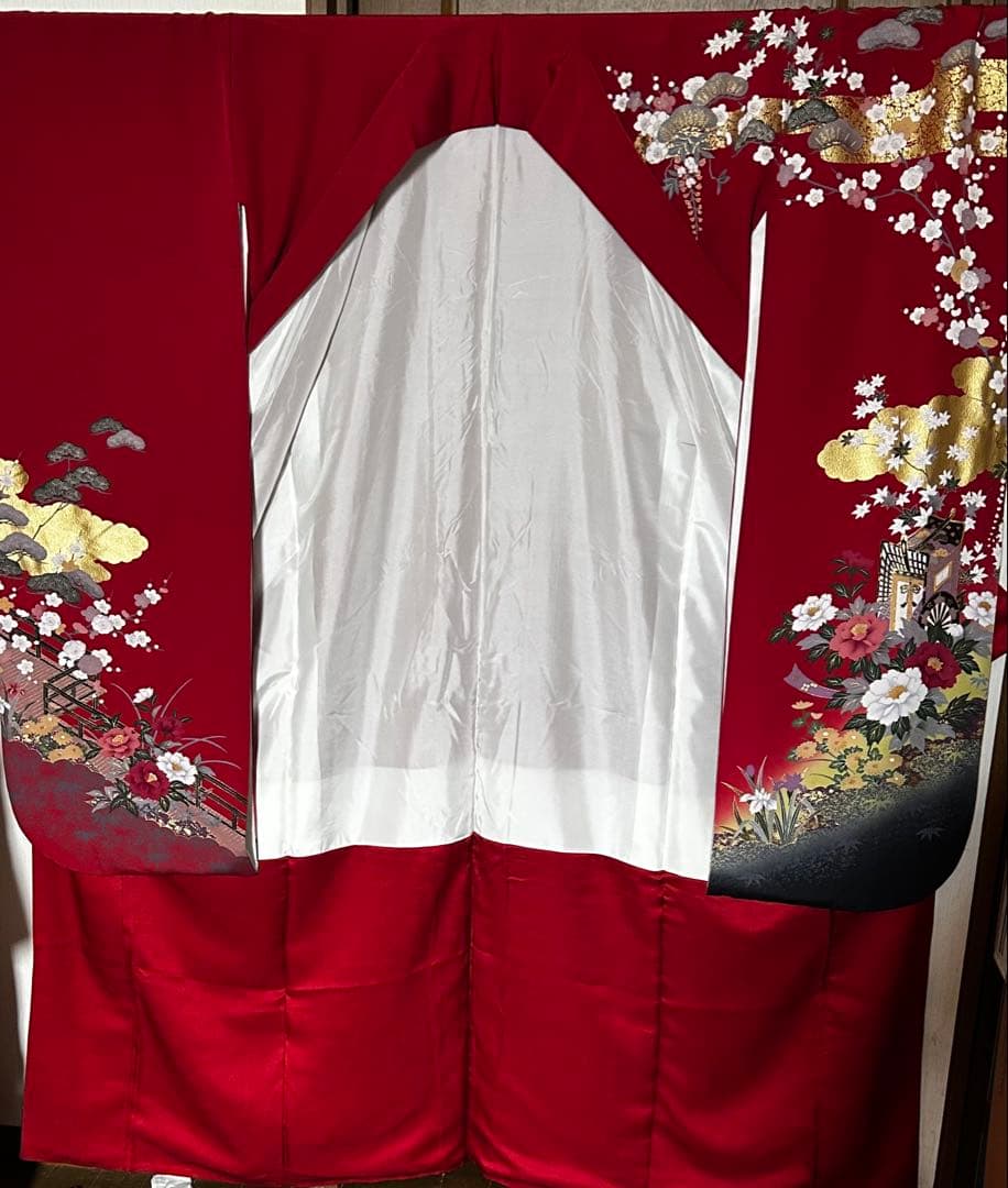 金彩友禅 赤地 振袖 四季花模様 襦袢セット 身丈160cm