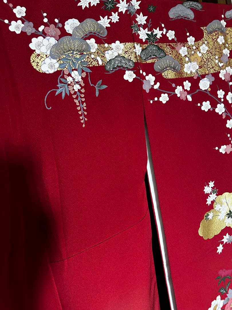 金彩友禅 赤地 振袖 四季花模様 襦袢セット 身丈160cm