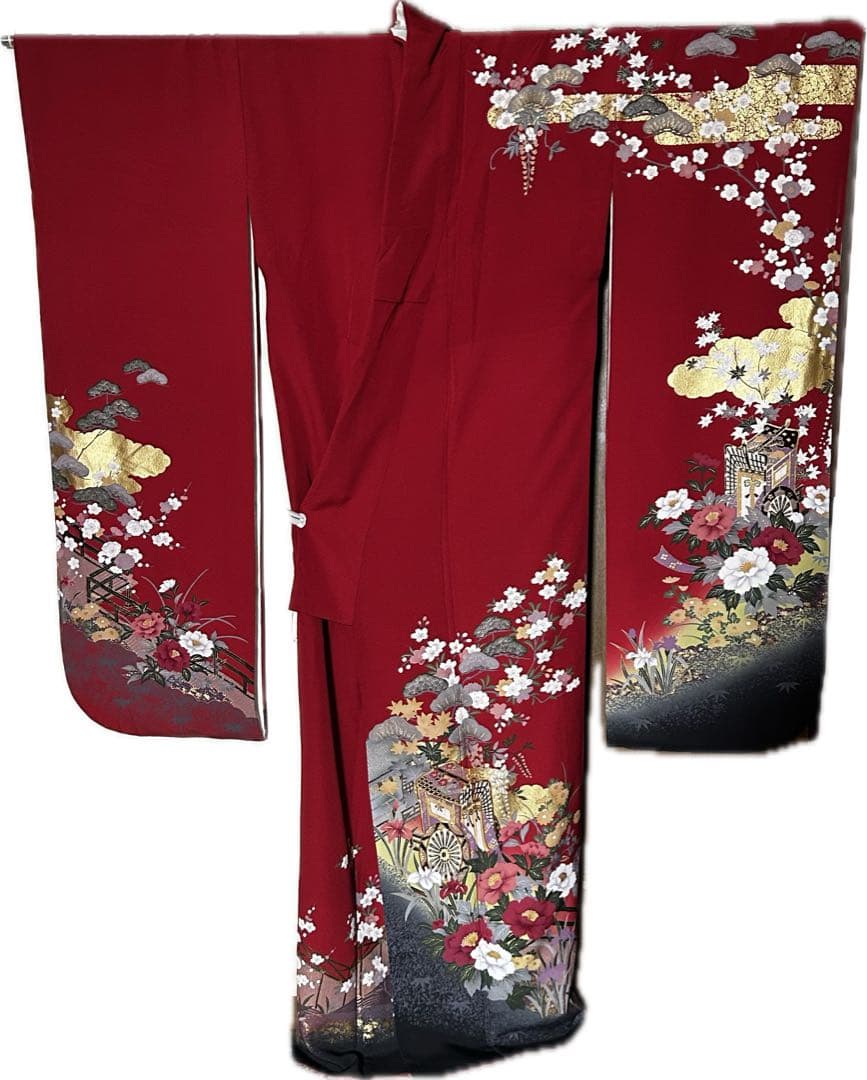 金彩友禅 赤地 振袖 四季花模様 襦袢セット 身丈160cm