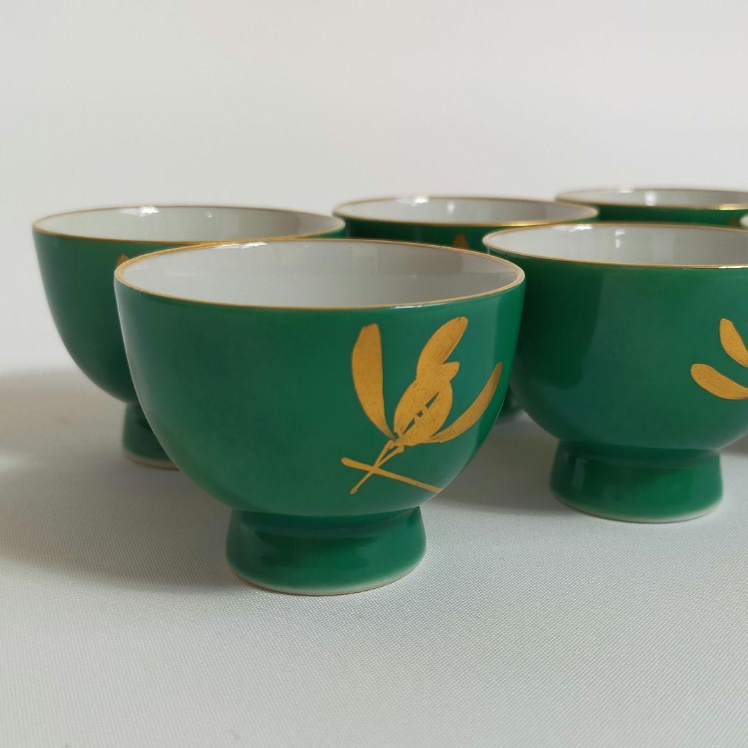 煎茶道 緑地金襴手 6客セット 香蘭社 煎茶碗14-2
