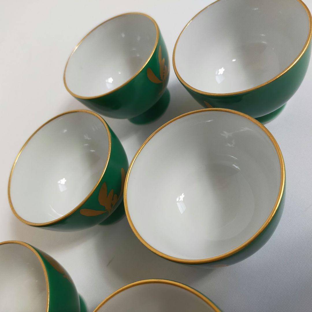 煎茶道 緑地金襴手 6客セット 香蘭社 煎茶碗14-2