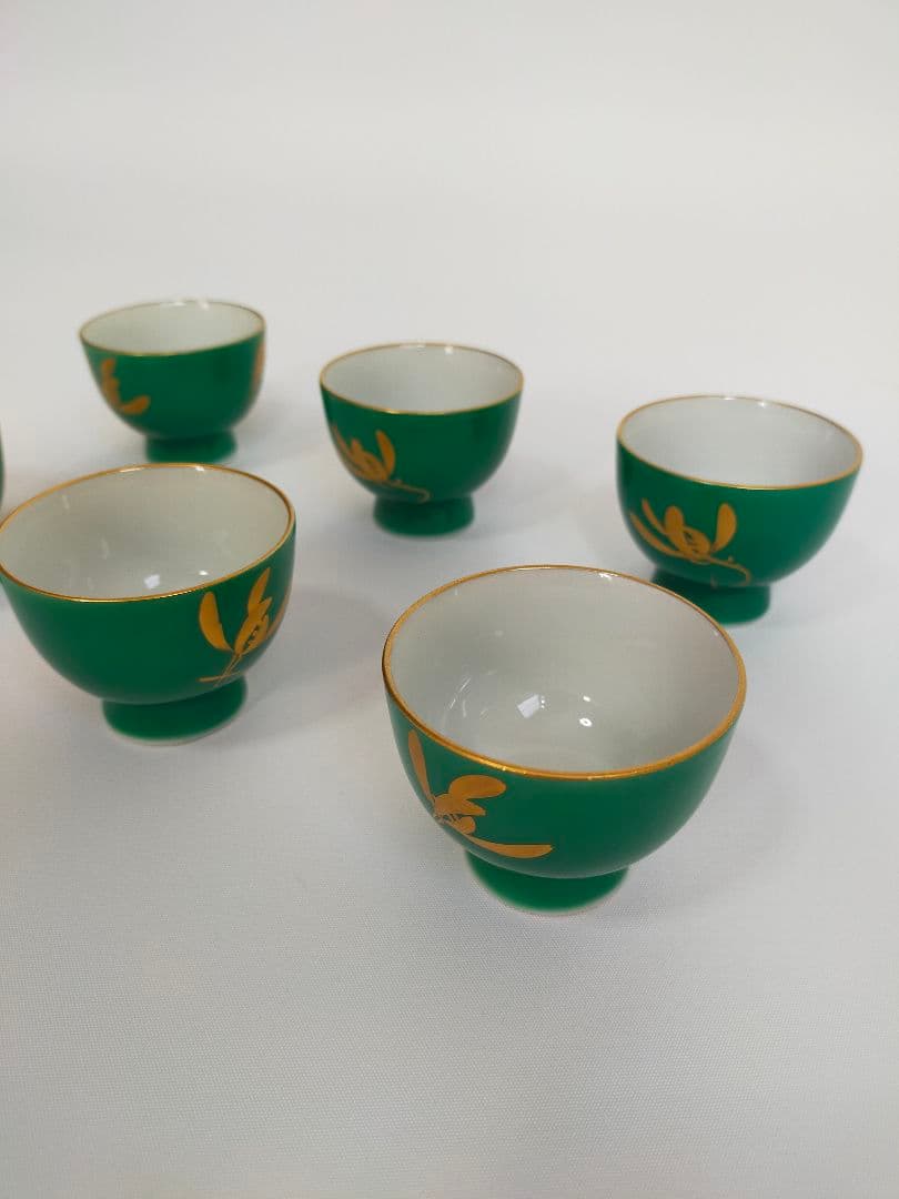 煎茶道 緑地金襴手 6客セット 香蘭社 煎茶碗14-2
