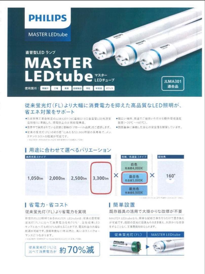 フィリップス直管型LEDランプ40型高輝度3300lm昼白色　60本
