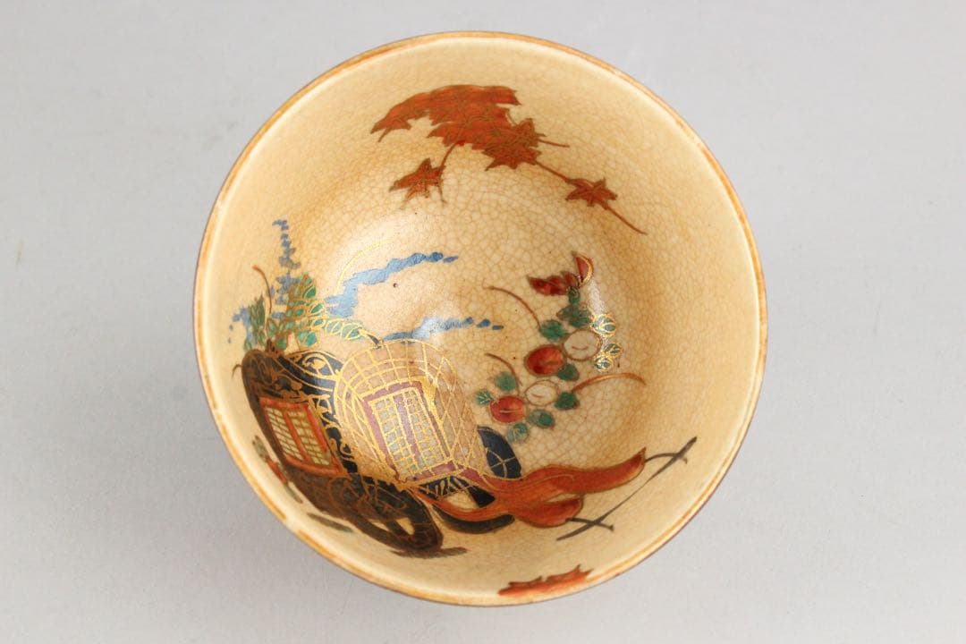 マ*ル様 No4754 京焼　野々村仁清　金彩色絵御所車文茶碗　陶印有　合箱　送