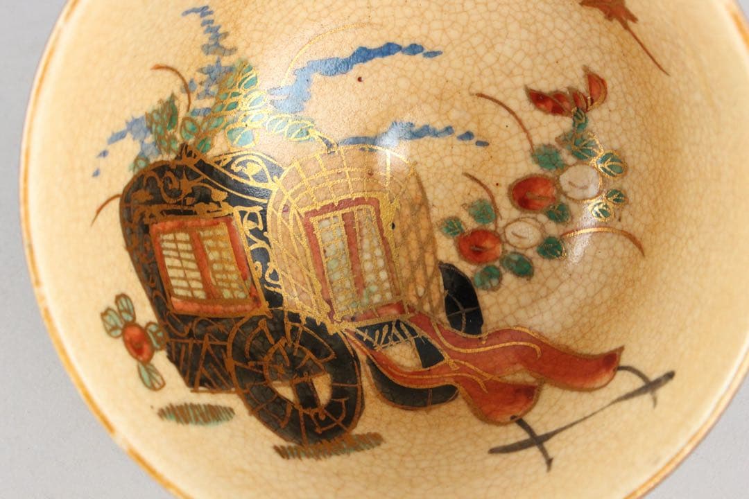 マ*ル様 No4754 京焼　野々村仁清　金彩色絵御所車文茶碗　陶印有　合箱　送