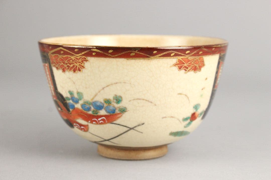 マ*ル様 No4754 京焼　野々村仁清　金彩色絵御所車文茶碗　陶印有　合箱　送