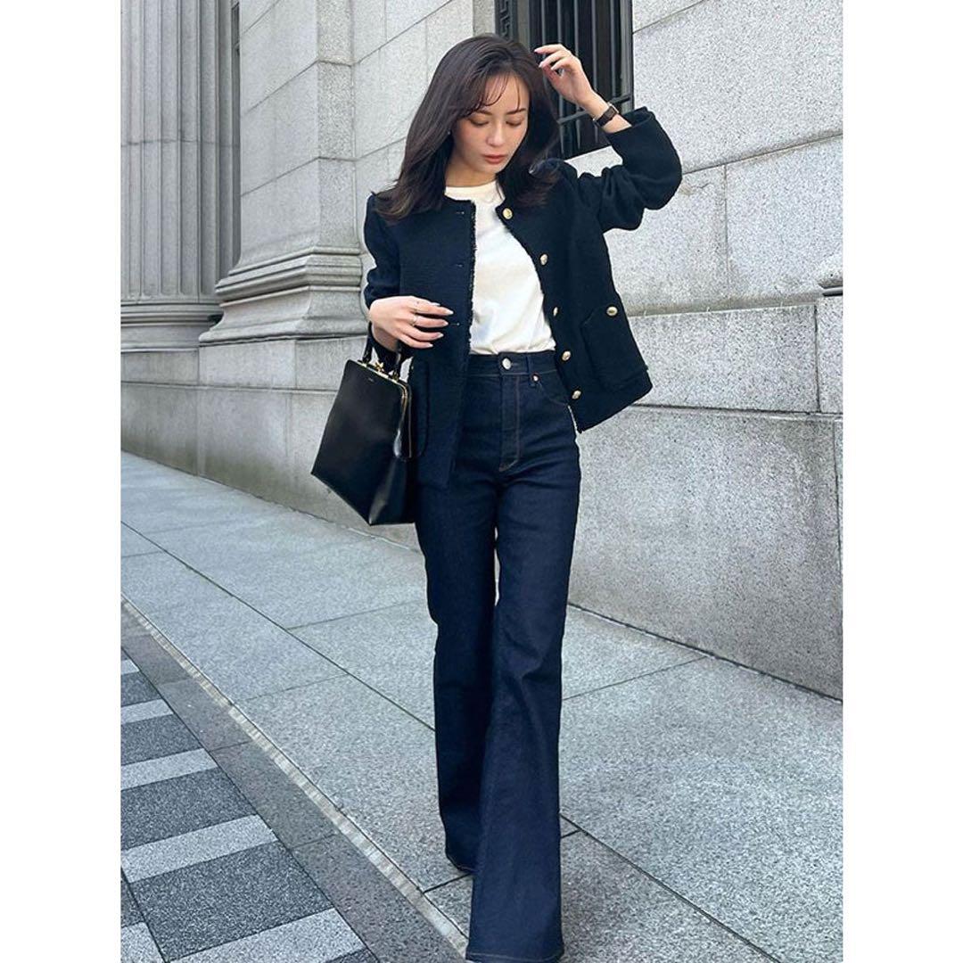 美品　anuans ツイードノーカラージャケット （NAVY）
