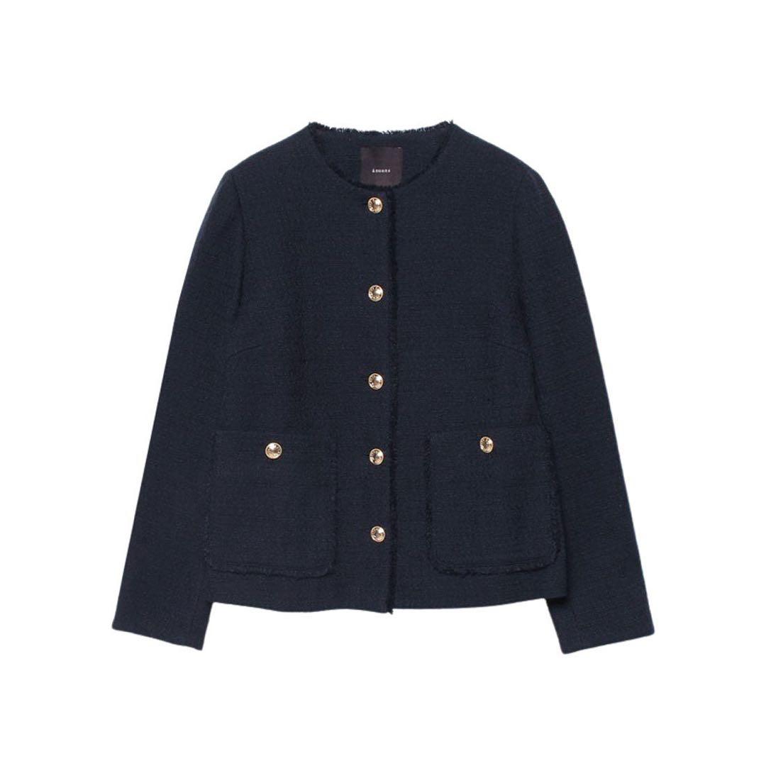 美品　anuans ツイードノーカラージャケット （NAVY）