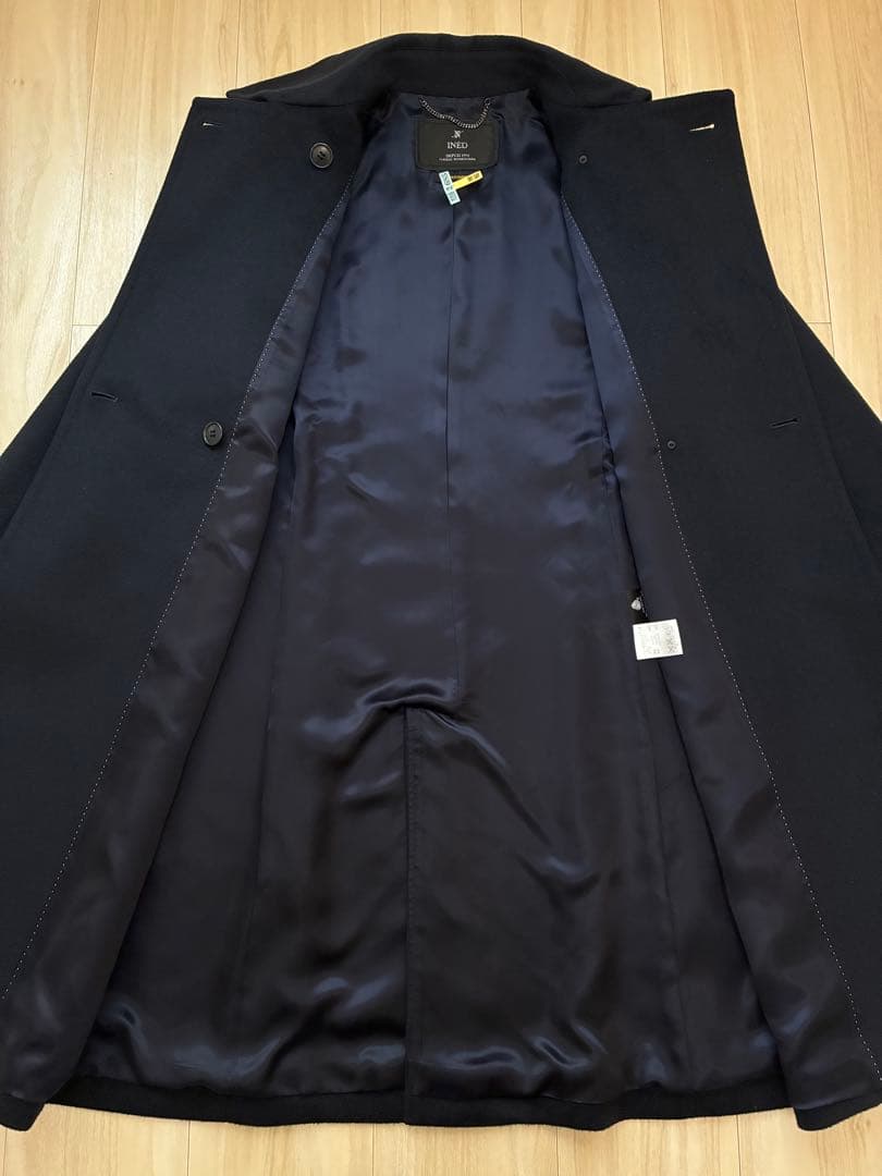 極美品ネイビー7号イネドINED カシミヤ100%ラップコート冠婚葬祭フォーマル