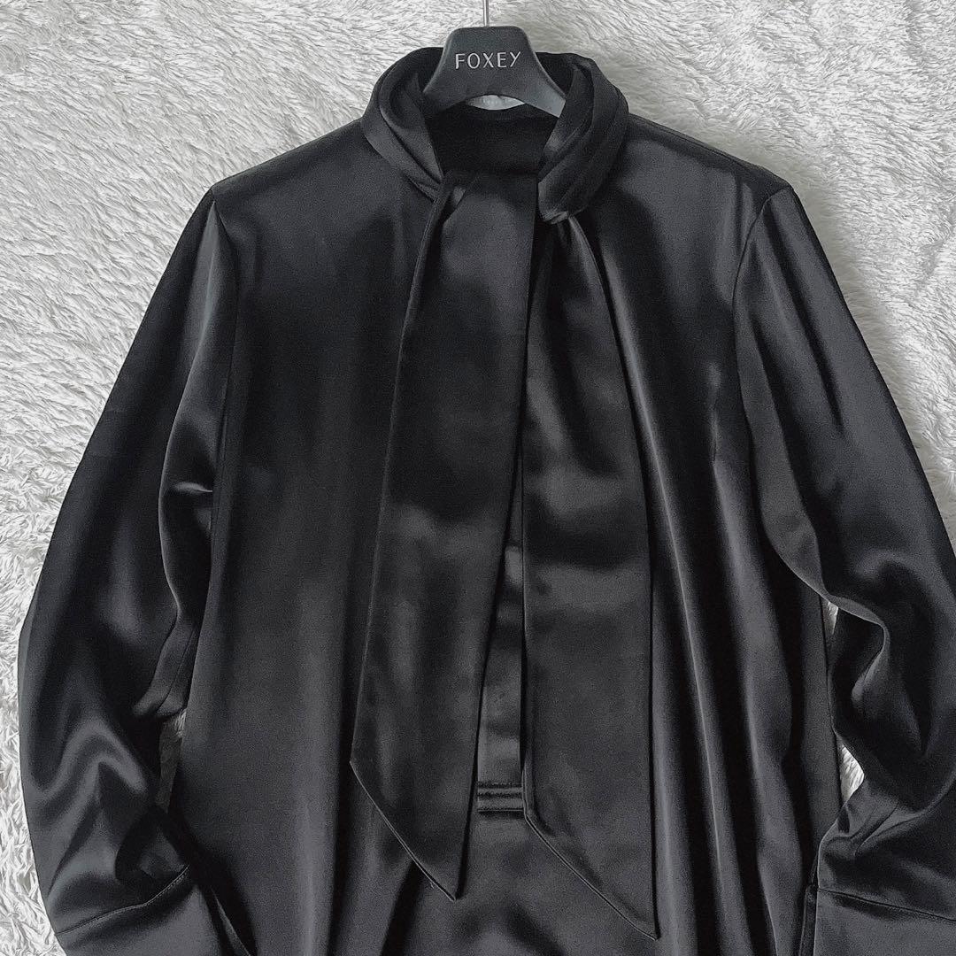 【美品】セオリーリュクス バンドカラーシャツワンピース ストレッチとろみ素材 黒