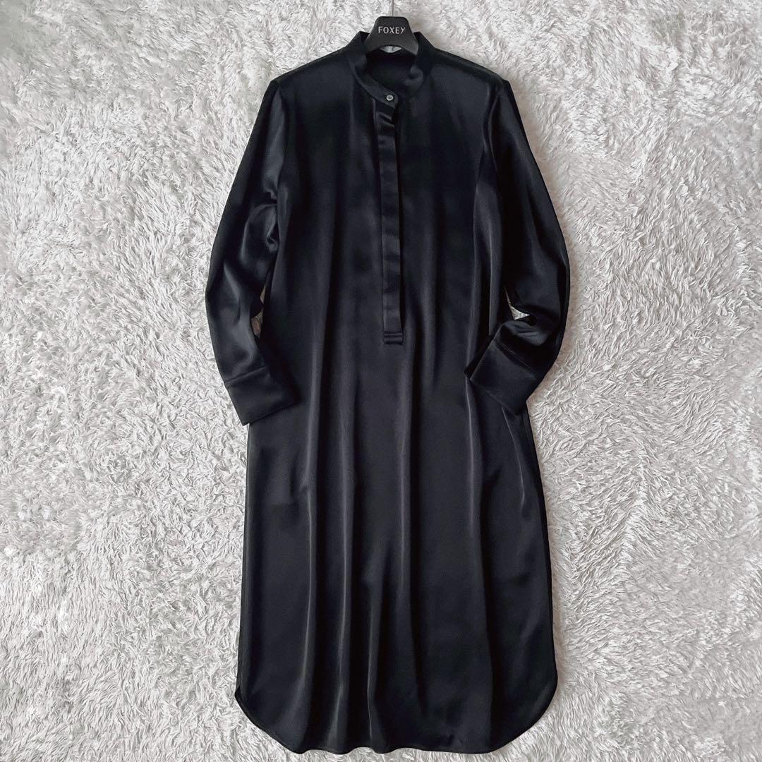 【美品】セオリーリュクス バンドカラーシャツワンピース ストレッチとろみ素材 黒