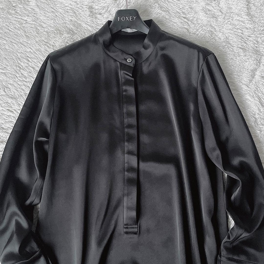 【美品】セオリーリュクス バンドカラーシャツワンピース ストレッチとろみ素材 黒