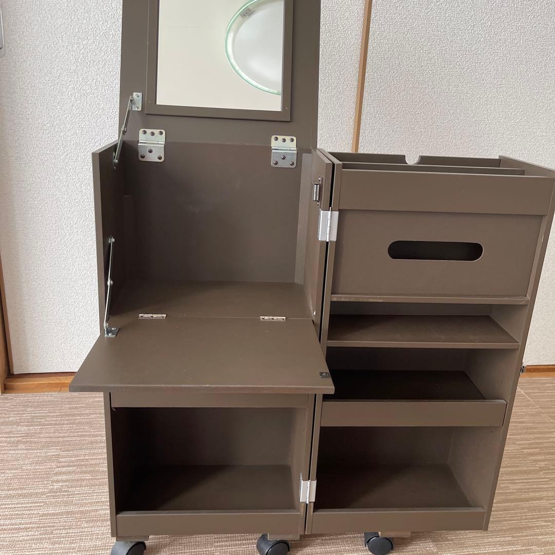 コスメワゴン　ダークブラウン ミラー付き収納キャビネット