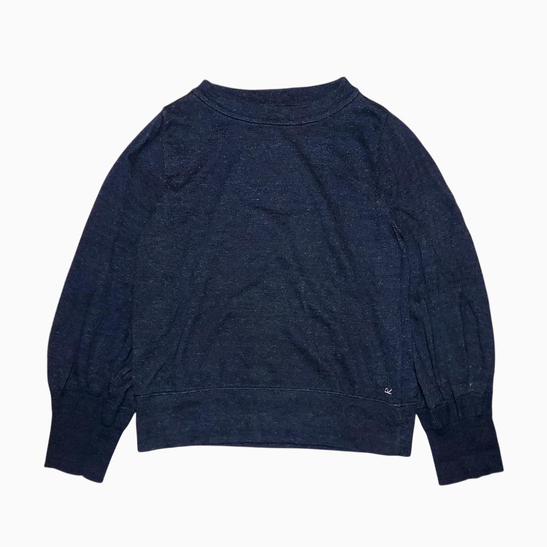 極美 45R✨インディゴ 二重編みのニットソーTシャツ パフスリーブ 裏毛編み