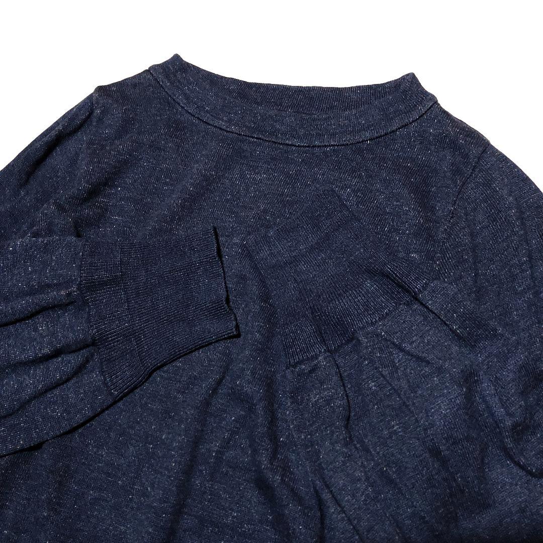 極美 45R✨インディゴ 二重編みのニットソーTシャツ パフスリーブ 裏毛編み