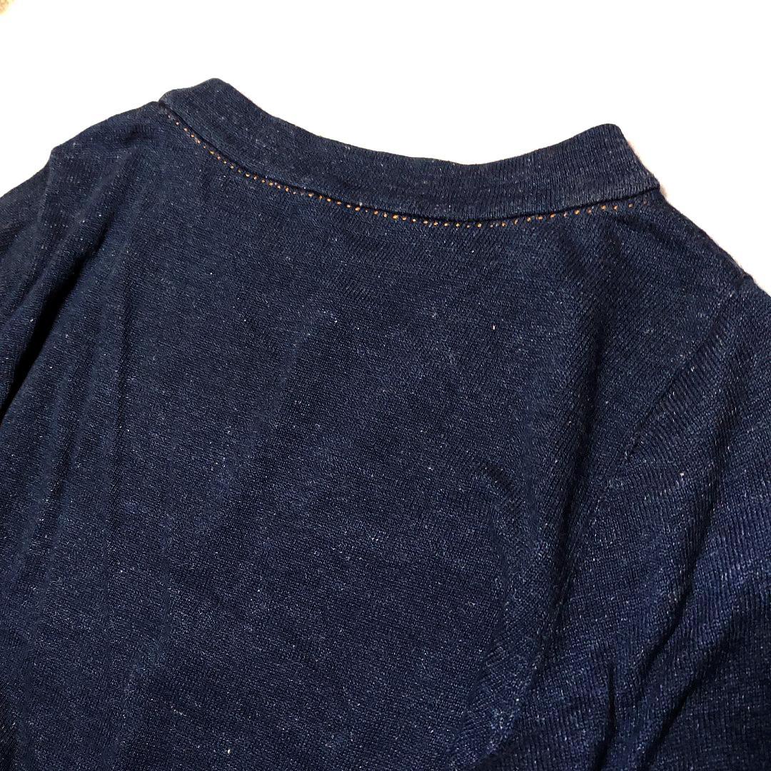 極美 45R✨インディゴ 二重編みのニットソーTシャツ パフスリーブ 裏毛編み