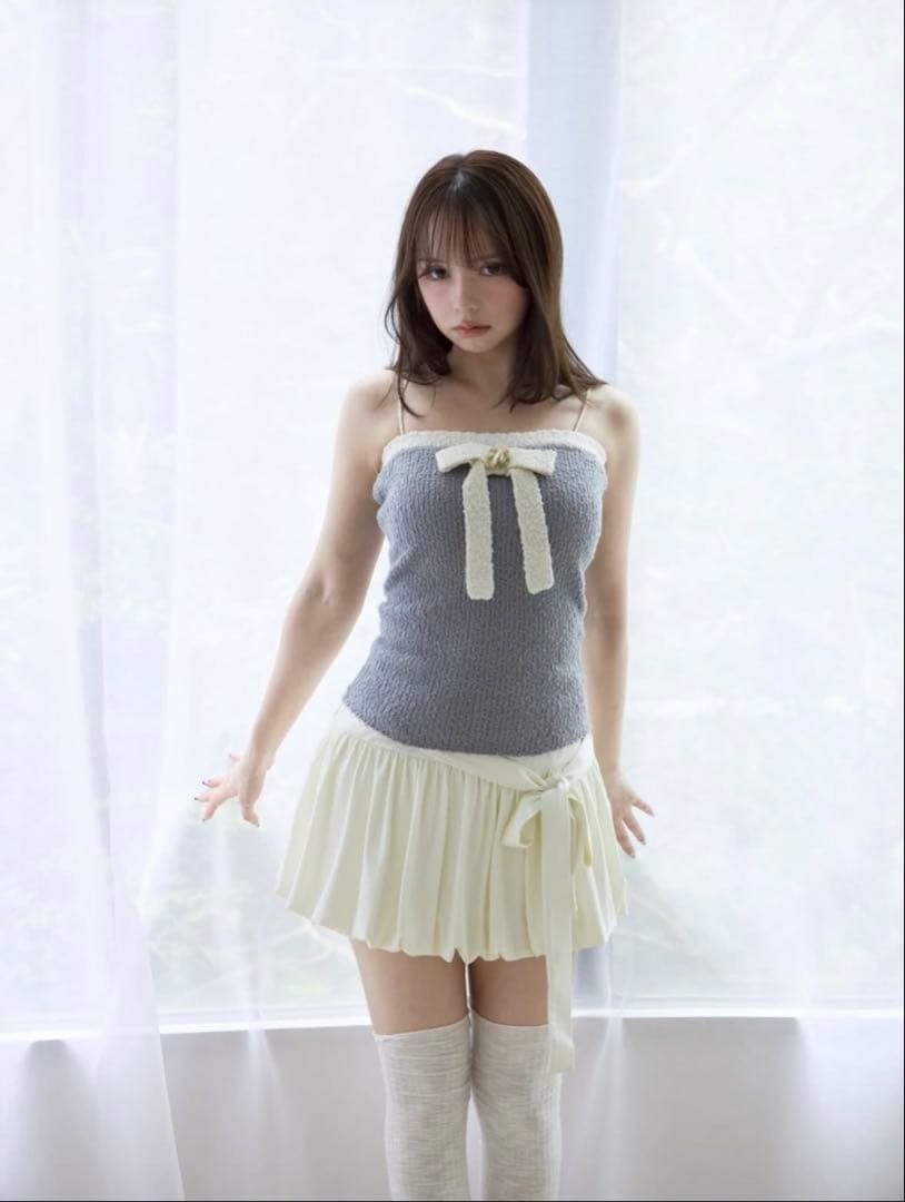 トップス andmary Bicolor ribbon tops color white