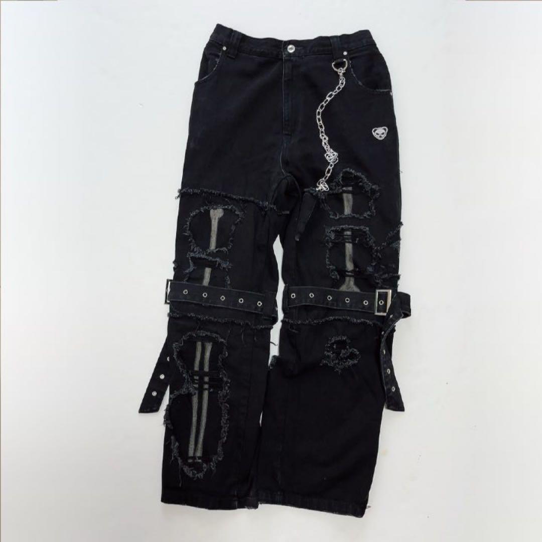 Gamchuガムチュ 半壊卍壊デニムパンツ ブラック 黒 フリーサイズ