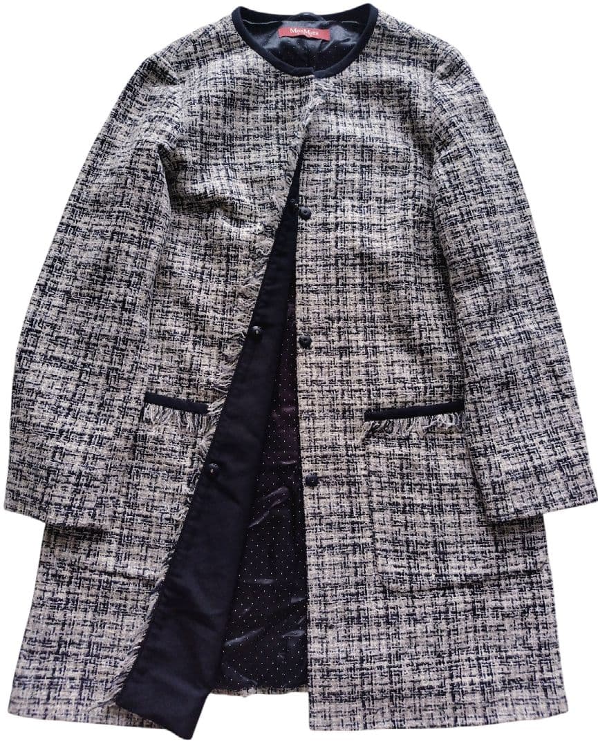 美品✨️MaxMara　ツイードノーカラーロングジャケットコート