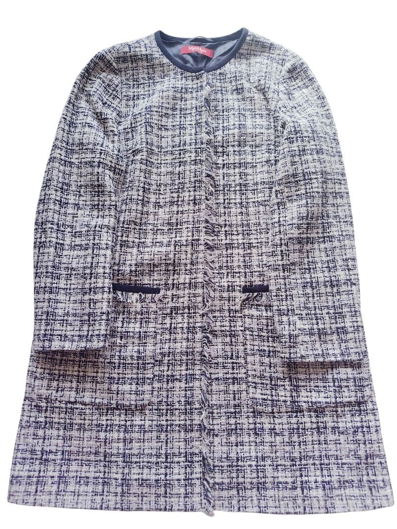 美品✨️MaxMara　ツイードノーカラーロングジャケットコート