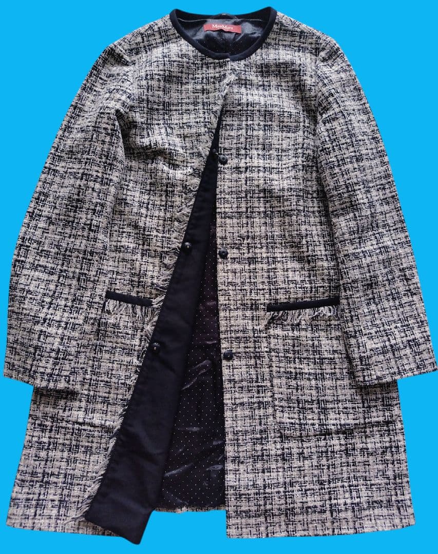 美品✨️MaxMara　ツイードノーカラーロングジャケットコート