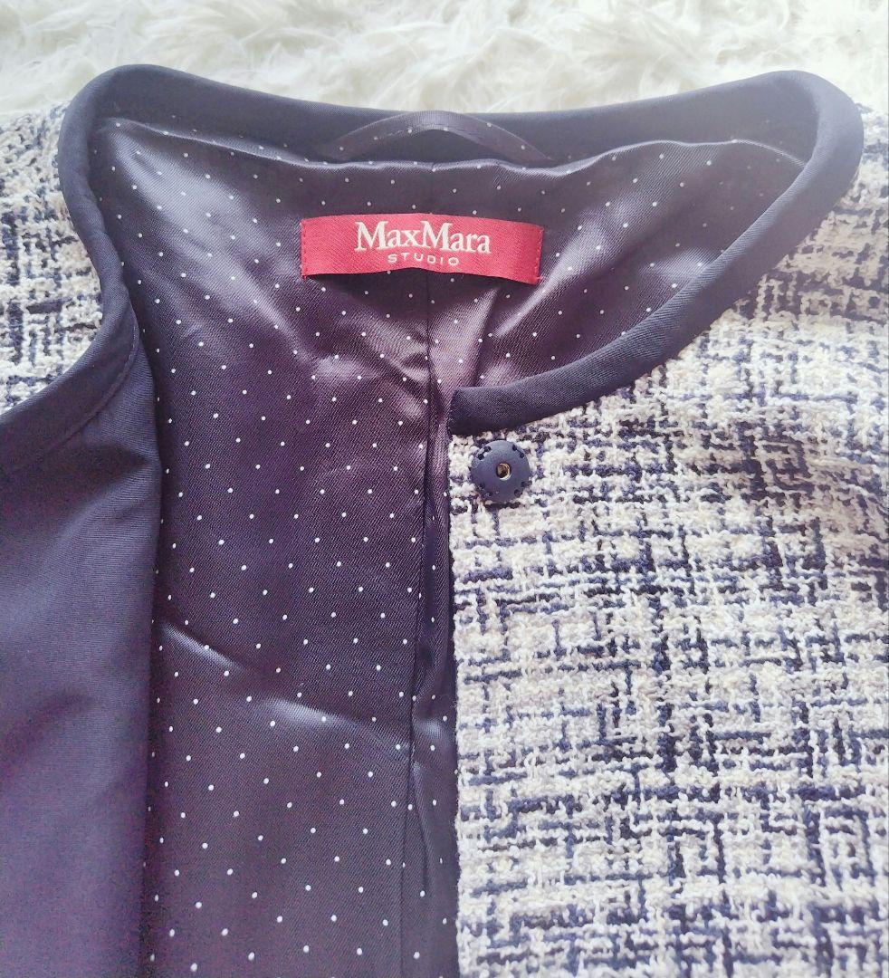 美品✨️MaxMara　ツイードノーカラーロングジャケットコート