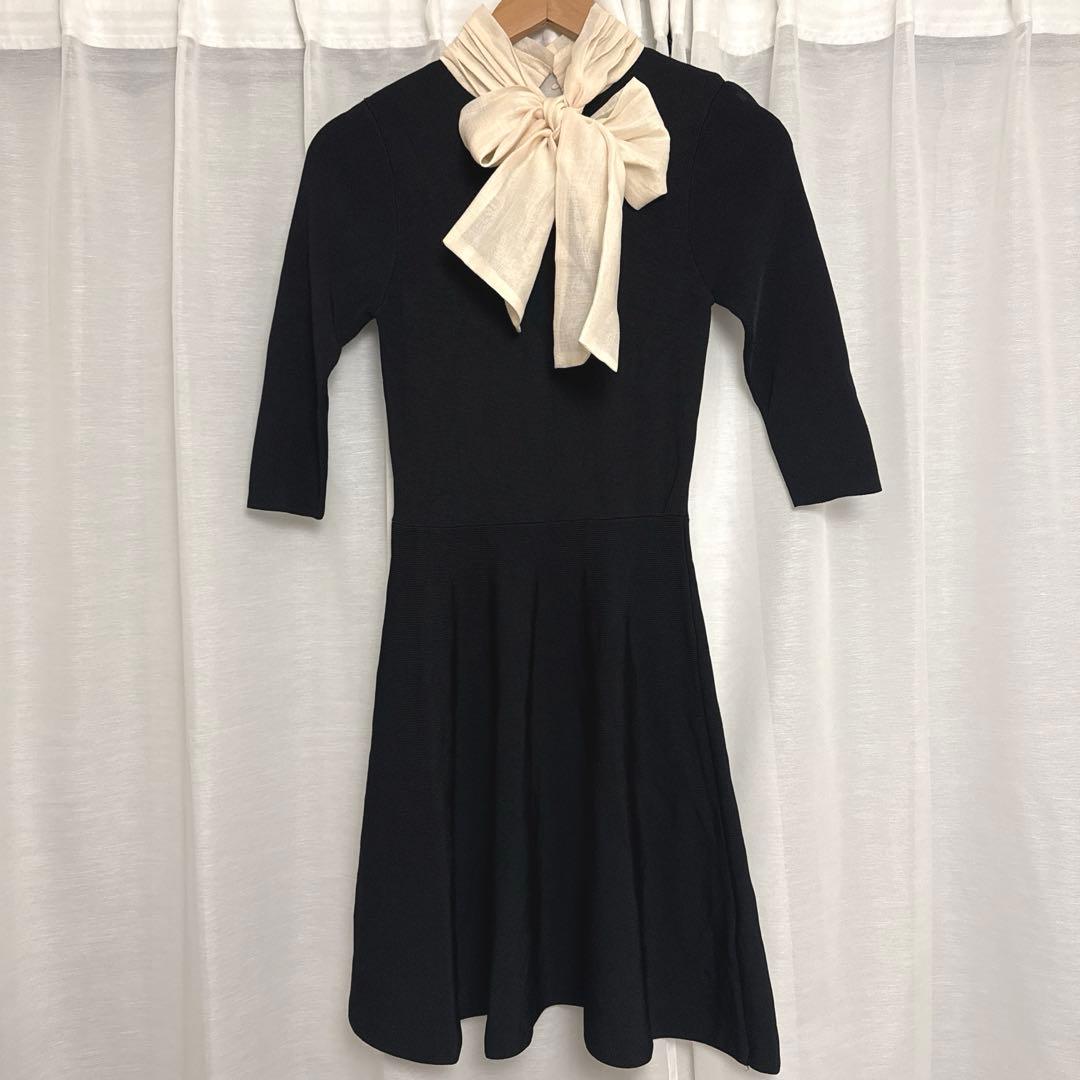 新品　ZARA ザラ　ニットワンピース　リボン　ブラック　S フレアワンピース
