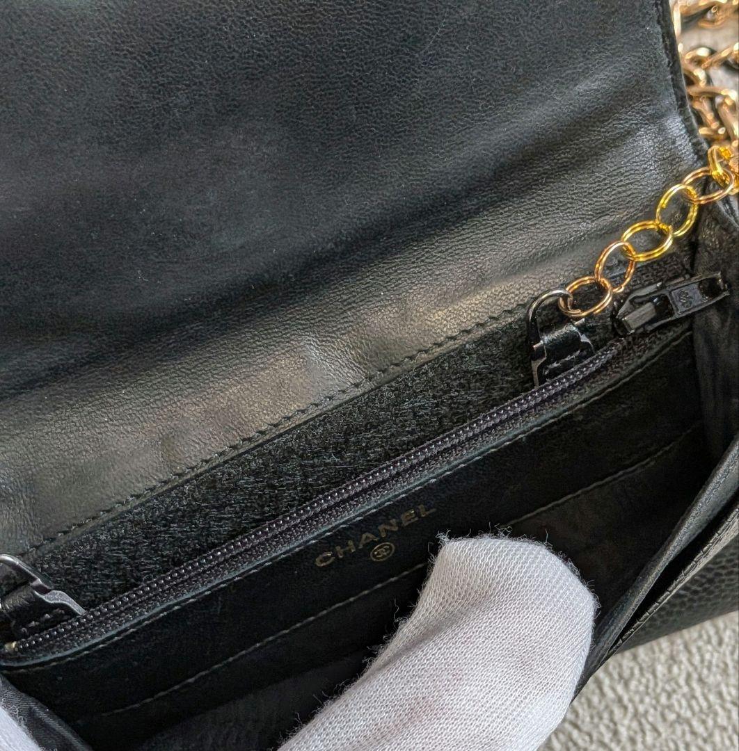 シャネル　デカココ　ミニ財布　黒　キャビアスキン　チェーンウォレット　小銭入れ