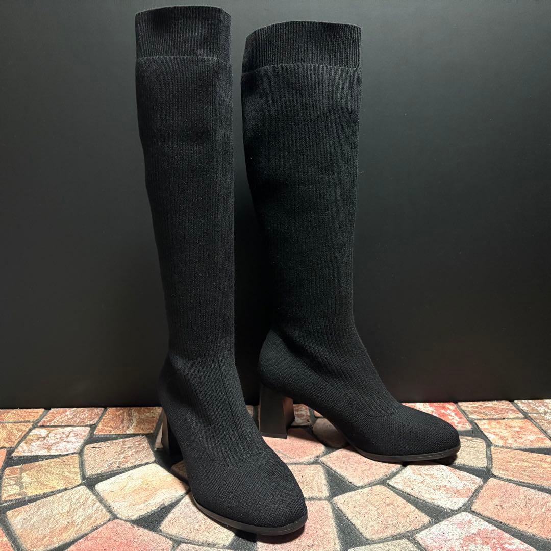【極美品】VIVAIA ニット ロングブーツ　23cm ソックス　ストレッチ　黒
