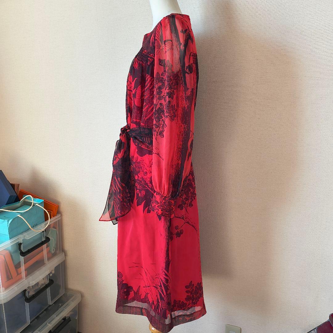 ヴィヴィッド ハナエモリ 花柄 蝶々 シフォン 長袖ワンピース 9号