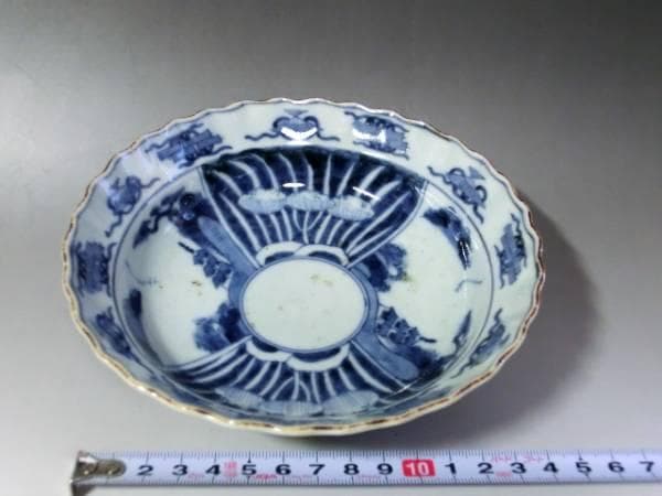鉢■古い染付 青華 皿 巻物 扇 花唐草 平鉢 深皿 菓子器 時代物 骨董品■