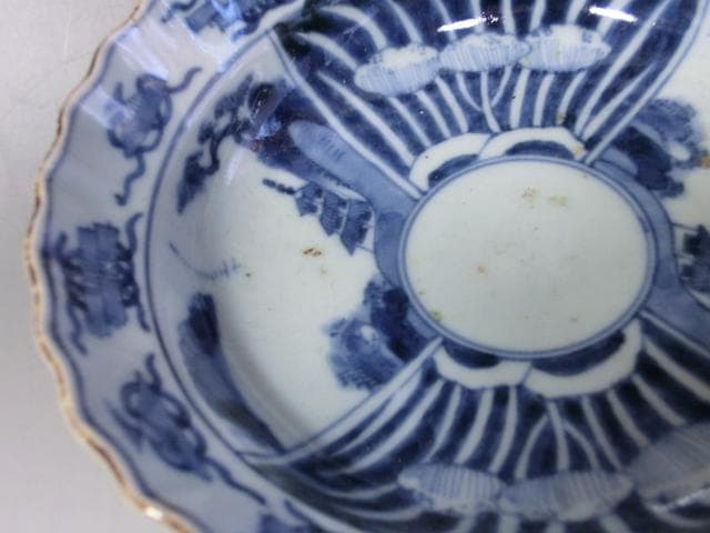 鉢■古い染付 青華 皿 巻物 扇 花唐草 平鉢 深皿 菓子器 時代物 骨董品■