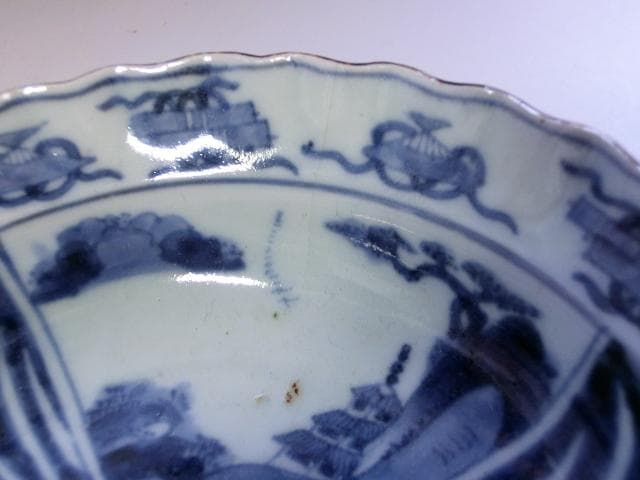 鉢■古い染付 青華 皿 巻物 扇 花唐草 平鉢 深皿 菓子器 時代物 骨董品■