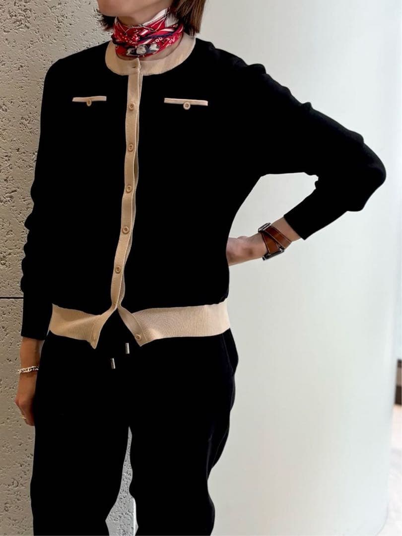 cabanコットンカシミヤ バイカラークルーネックカーディガン