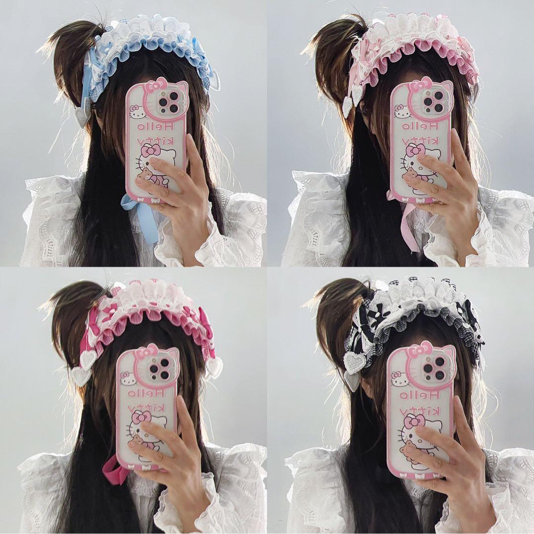 ♡ Candyチェック柄 フリルレースリボンヘッドドレス red ♡
