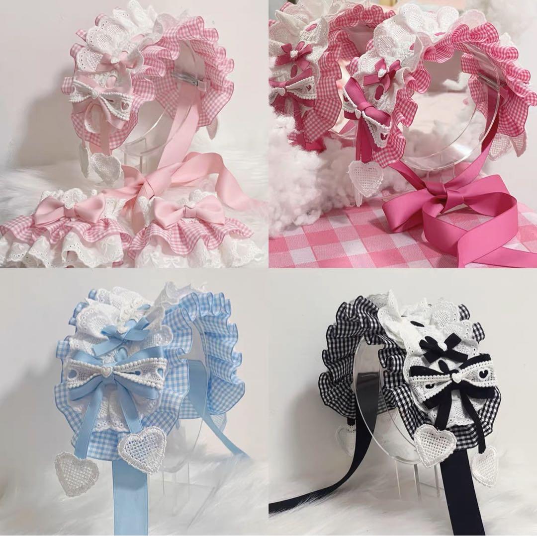 ♡ Candyチェック柄 フリルレースリボンヘッドドレス red ♡