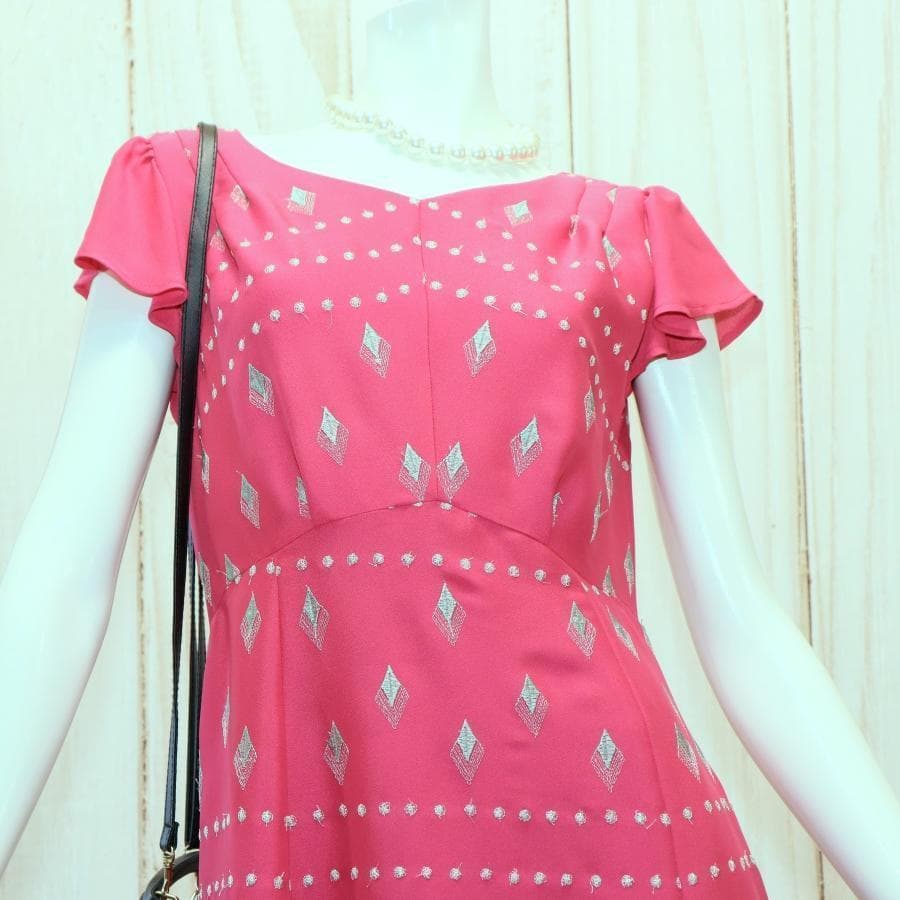 TOCCA ドレープ総柄ドレス M ローズピンク フレア ベルスリーブ 半袖