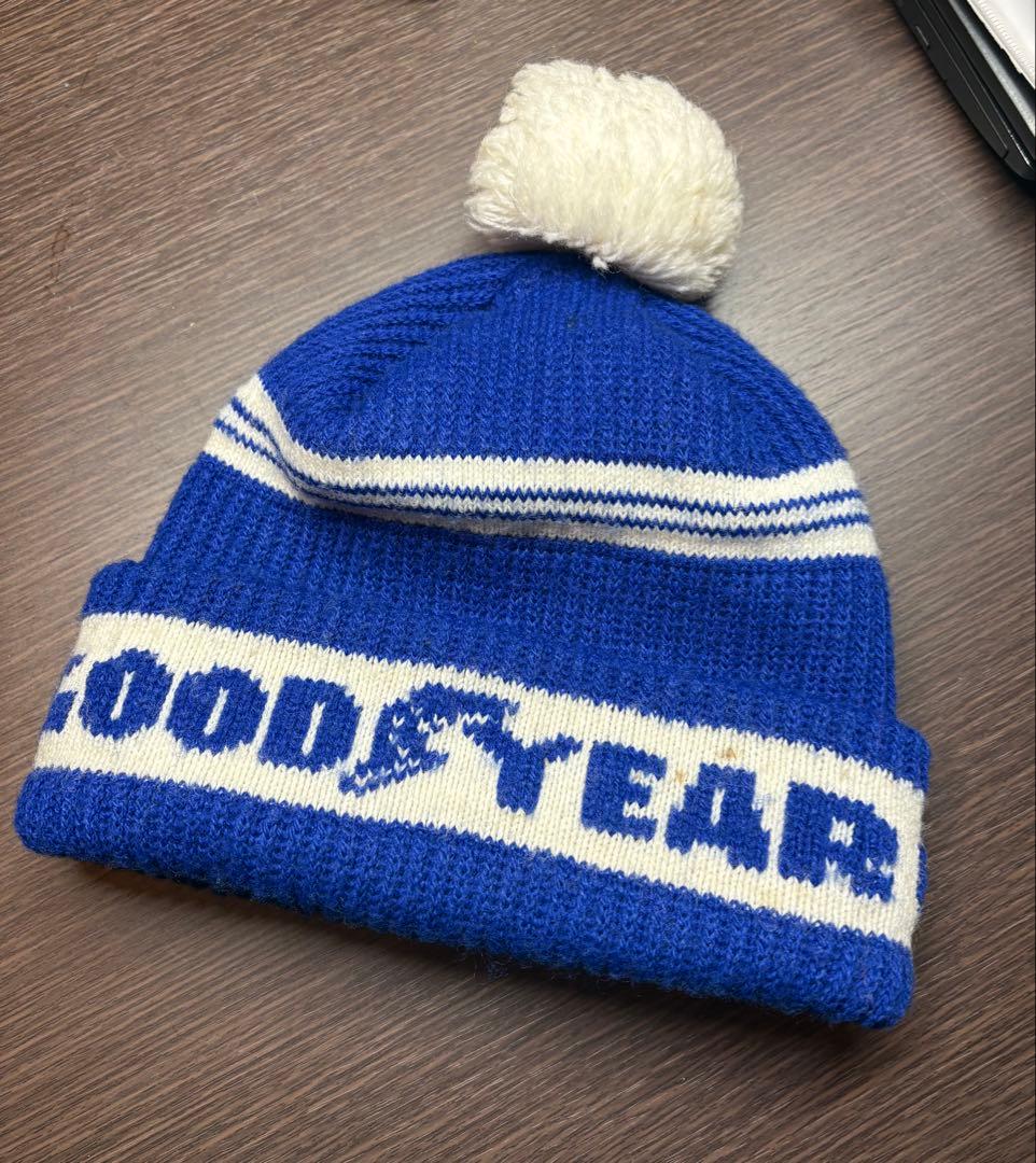 70s GOODYEAR 青 ニット帽 ポンポン付き
