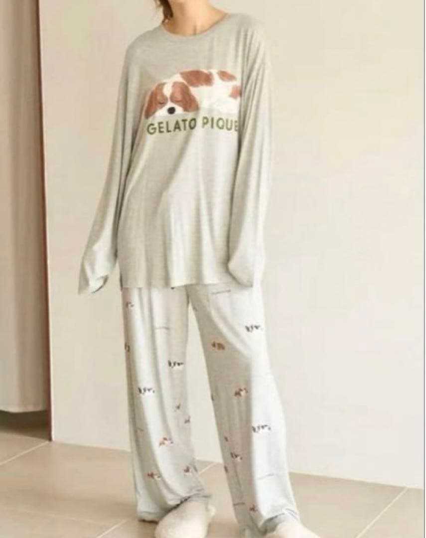新品ジェラートピケ SLEEPING DOGワンポイントロンT &ロングパンツ