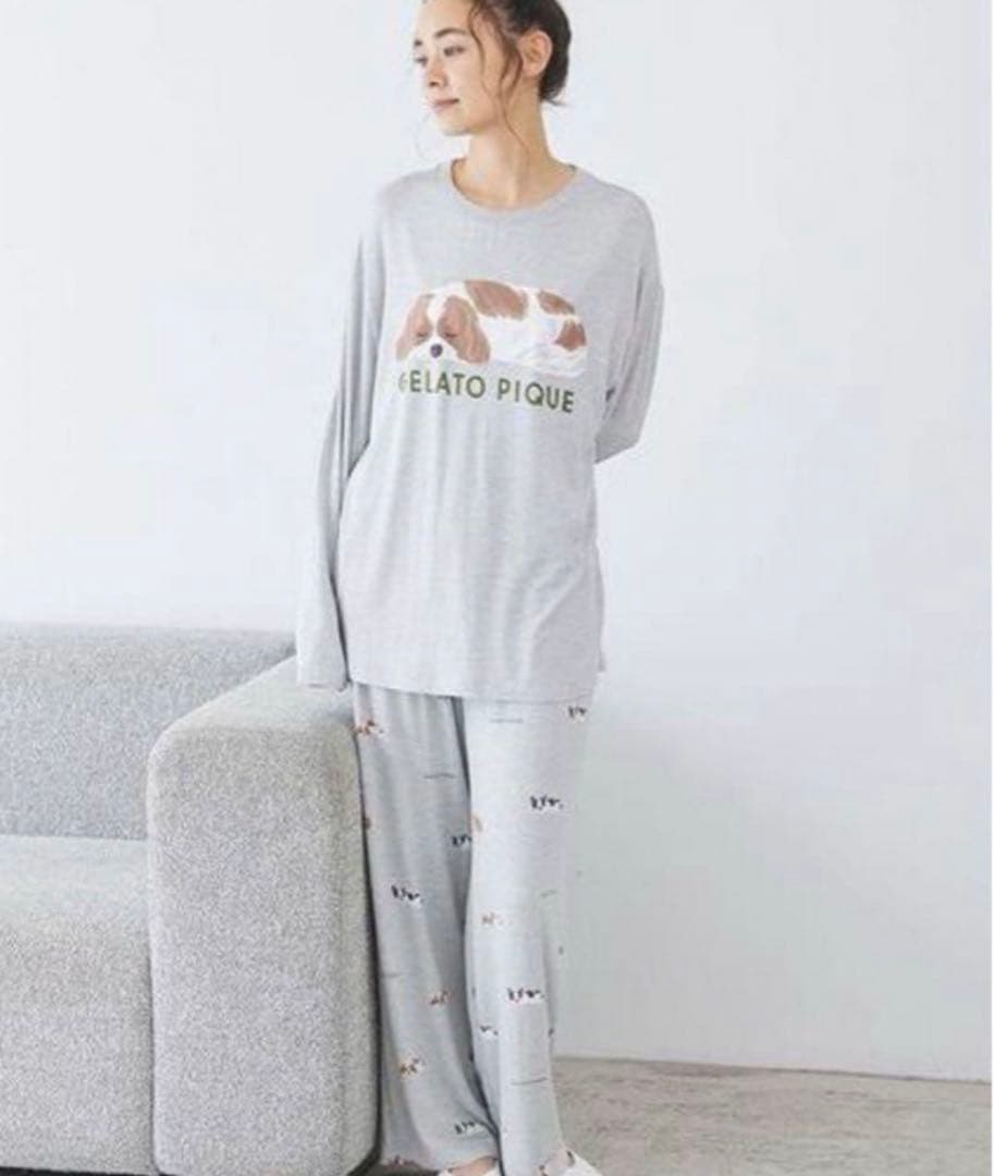 新品ジェラートピケ SLEEPING DOGワンポイントロンT &ロングパンツ