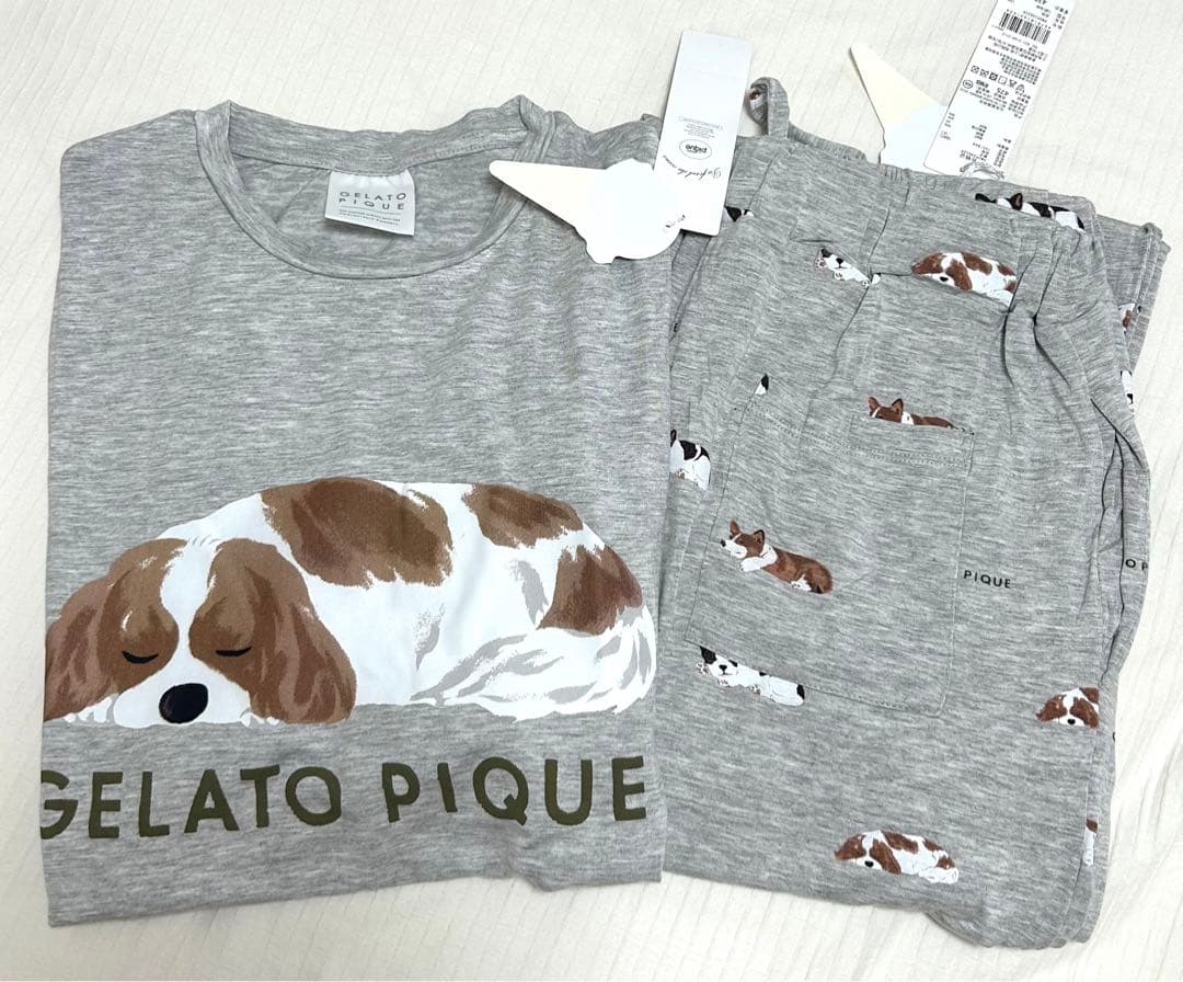 新品ジェラートピケ SLEEPING DOGワンポイントロンT &ロングパンツ
