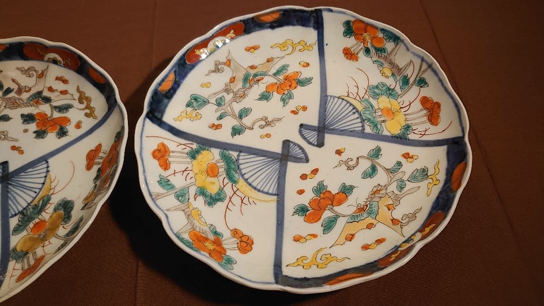 古伊万里　伊万里　色絵　扇文　華の図　蔵出し　大皿　菓子皿　２客