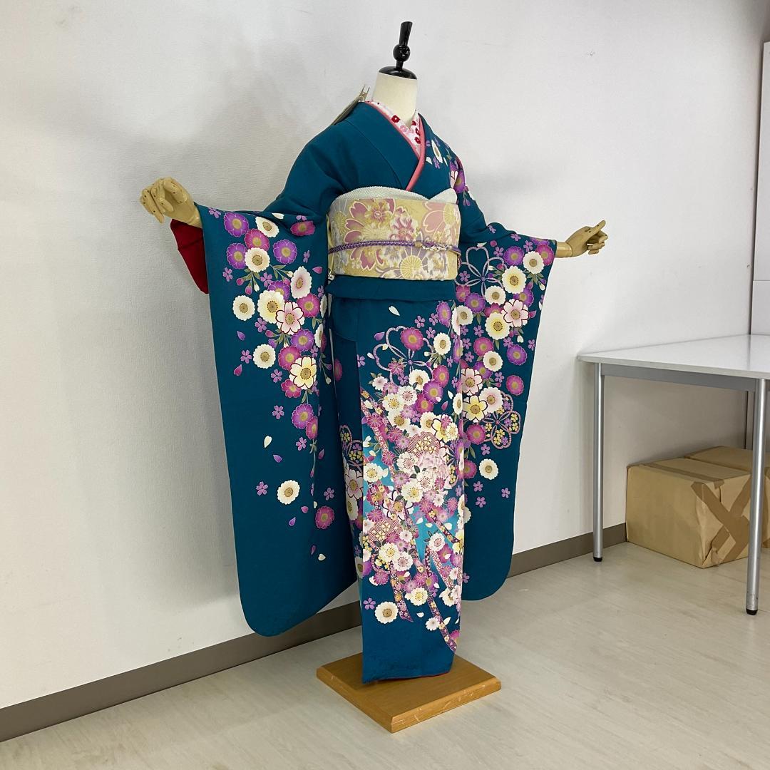 お振袖 ブルーグリーン　M～Lサイズ　正絹　美品