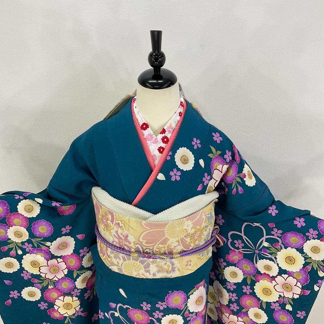 お振袖 ブルーグリーン　M～Lサイズ　正絹　美品