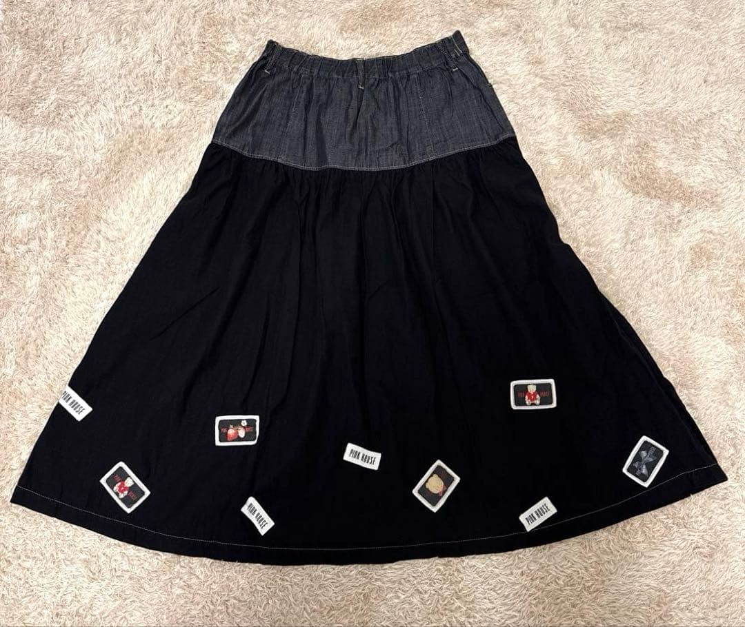 【美品】PINK HOUSE ワッペン付きロングスカート　デニム　黒　Lサイズ